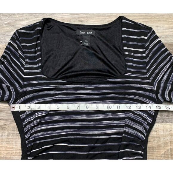 White House Black Market Striped Black Gray Ruched 3/4 Sleeve Dress Square Small - Picture 10 of 16